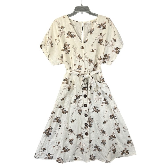 Mango Dresses & Skirts - MNG CASUAL Floral Shirt Dress Button Skirt Belted Cream Brown Size 8 NWT